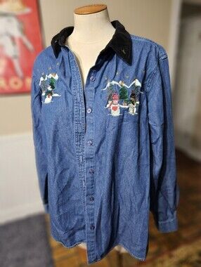 VTG 90s Basic Editions Denim Christmas Shirt Jacket Large
